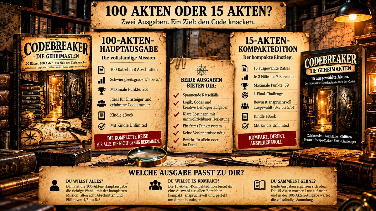 Grafik „100 Akten oder 15 Akten? Zwei Ausgaben. Ein Ziel: den Code knacken.“: 100-Akten-Hauptausgabe mit 100 Rätseln in 8 Abschnitten, Schwierigkeitsgrad 1/5 bis 5/5 und maximal 261 Punkten; 15-Akten-Kompaktedition mit 15 Rätseln (je 2 Fälle aus 7 Bereichen plus 1 Final-Challenge), Schwierigkeitsgrad 3/5 bis 5/5 und maximal 59 Punkten; beide als Kindle eBook mit Kindle Unlimited