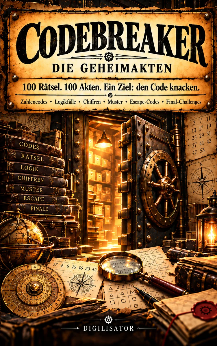 Buchcover CODEBREAKER – Die Geheimakten: 100 Rätsel, 100 Akten, mit offener Tresortür, Lupe und Chiffrierscheibe