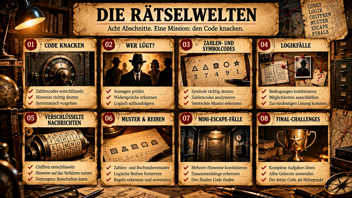 Grafik „Die Rätselwelten – Acht Abschnitte. Eine Mission: den Code knacken.“ mit acht nummerierten Kacheln und je drei Stichpunkten: 01 Code knacken, 02 Wer lügt?, 03 Zahlen- und Symbolcodes, 04 Logikfälle, 05 Verschlüsselte Nachrichten, 06 Muster & Reihen, 07 Mini-Escape-Fälle, 08 Final-Challenges
