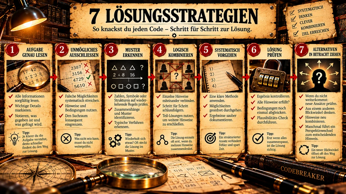 Grafik „7 Lösungsstrategien – So knackst du jeden Code“ mit sieben Karten: Aufgabe genau lesen, Unmögliches ausschließen, Muster erkennen, Logisch kombinieren, Systematisch vorgehen, Lösung prüfen, Alternativen in Betracht ziehen