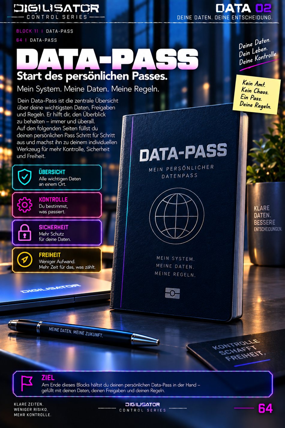 Notebook-Seite DATA-PASS aus dem Digilisator-Workbook DATA 02: Mein persönlicher Datenpass mit Feldern für Daten, Freigaben und Anbieter