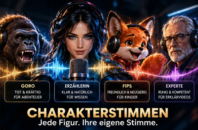 Charakterstimmen: Goro (tief und kräftig), Erzählerin (klar und natürlich), Fips (freundlich und neugierig) und Experte (ruhig und kompetent) – jede Figur mit eigener Stimme.