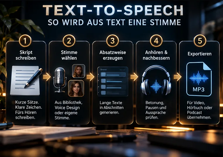 Text-to-Speech in fünf Schritten: Skript schreiben, Stimme wählen, absatzweise erzeugen, anhören und nachbessern, exportieren.