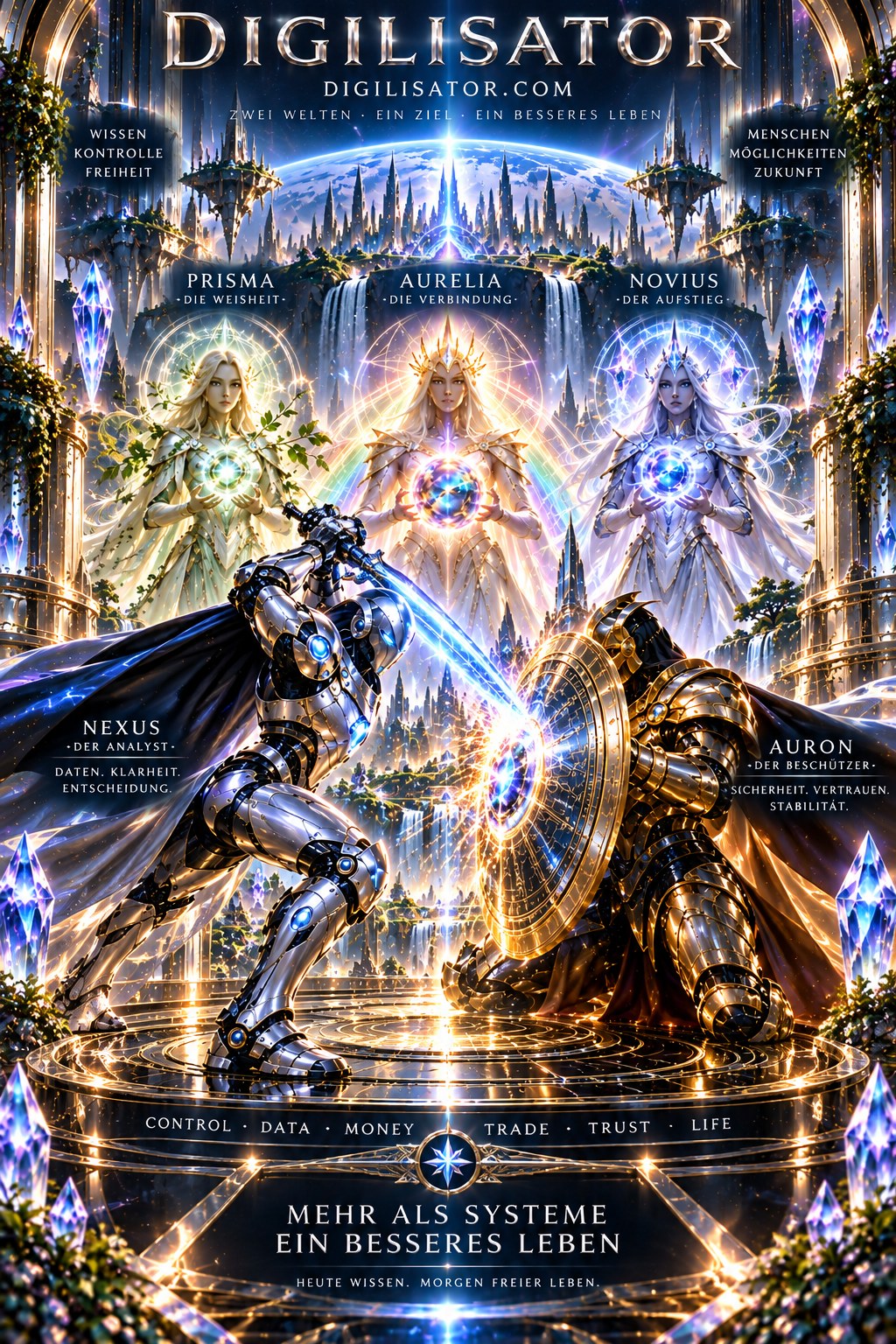 Abschlussseite LIFE 06 Seite 29: Nexus trifft mit dem Schwert auf Aurons Schild; im Hintergrund die Lichtwesen Prisma, Aurelia und Novius – Zwei Welten · Ein Ziel · Ein besseres Leben, digilisator.com