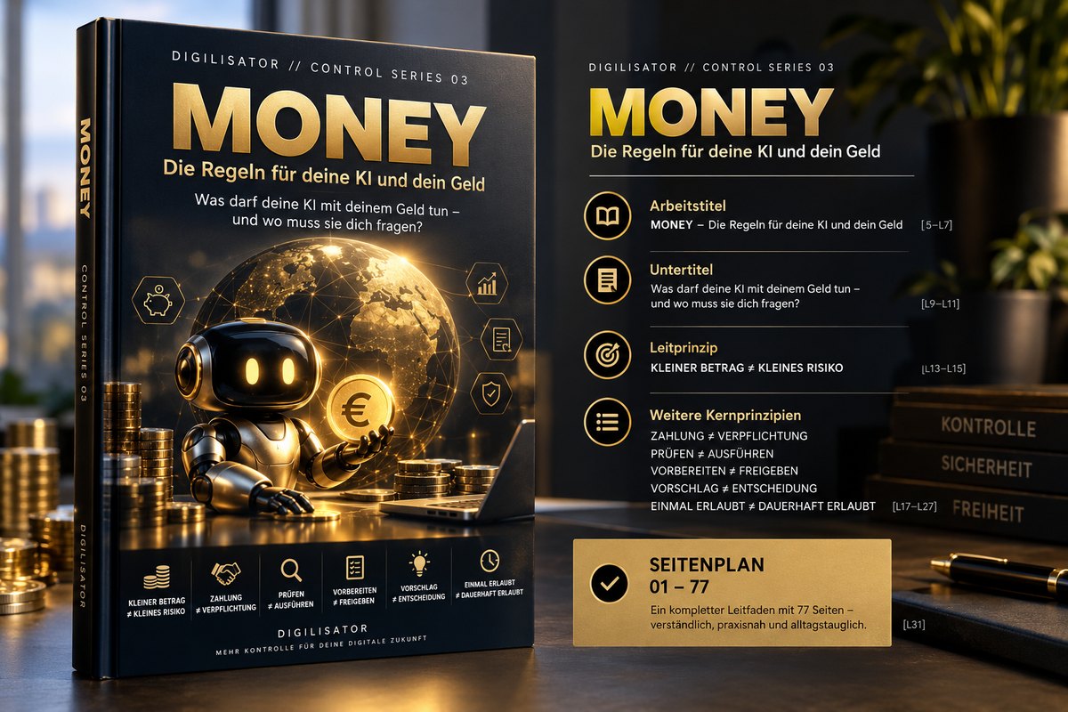 Marketinggrafik MONEY CONTROL SERIES 03: Buchcover und Seitenplan mit sechs Kernprinzipien zu KI und Geld
