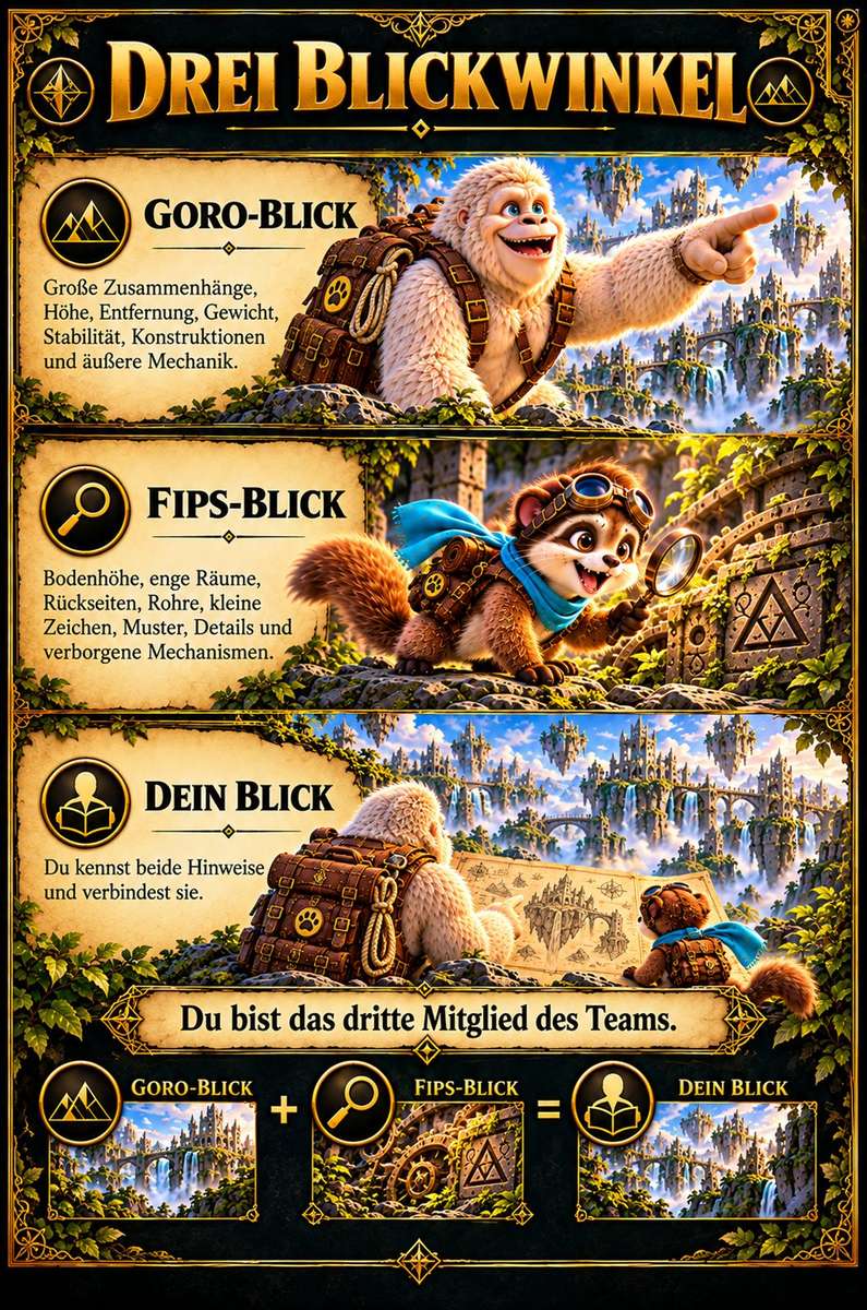Buchseite „Drei Blickwinkel“: Goro-Blick für große Zusammenhänge, Fips-Blick mit Lupe für kleine Details und Dein Blick, der beide Hinweise verbindet