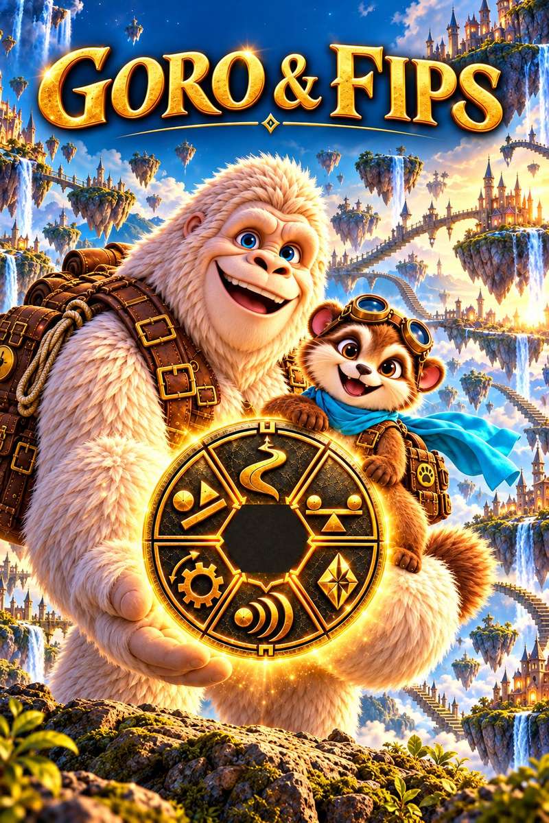 Titelbild GORO & FIPS: der weiße Gorilla Goro hält den leuchtenden Weltkompass mit sechs goldenen Zeichen, auf seiner Schulter sitzt Frettchen Fips mit Pilotenbrille und türkisem Halstuch, dahinter schwebende Burgen und Wasserfälle