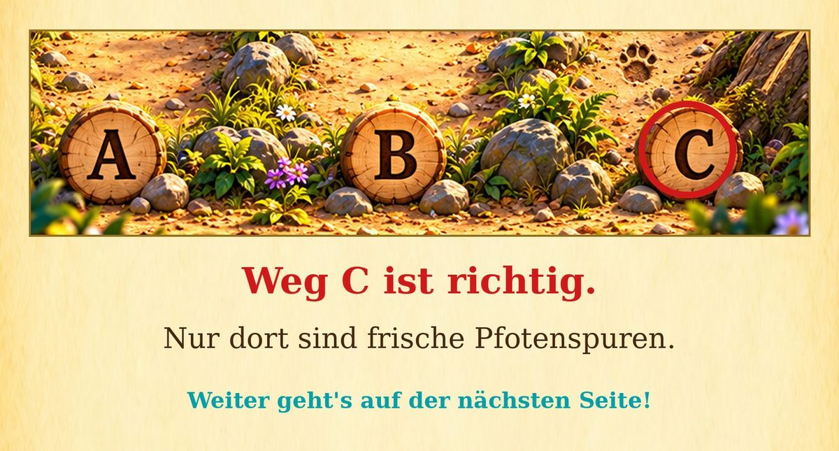 Lösung zum Rätsel „Die Spuren am Boden“: Weg C ist rot markiert, dort häufen sich die Bodenspuren