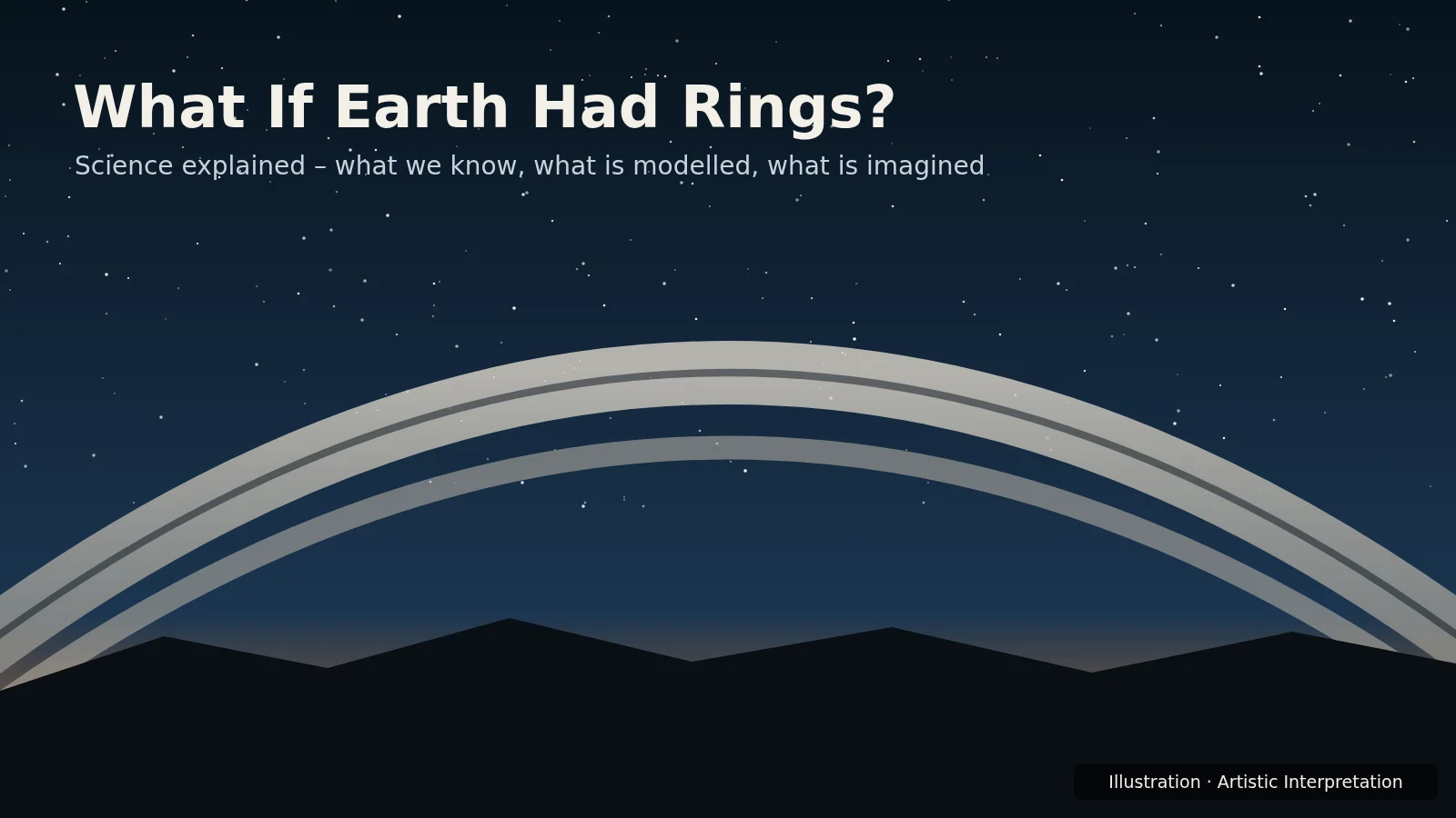 Illustration: a wide grey ring arching across a starry night sky above dark hills – artistic interpretation of what a ring around Earth could look like